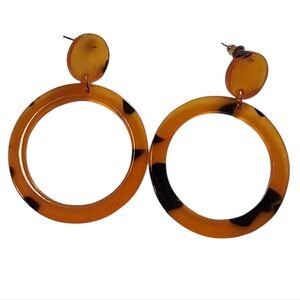Tortoise Shell Look Acrylic Dangle Discs Retro Hoop Earrings